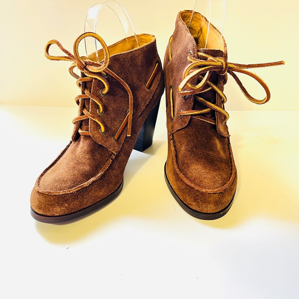 Sebago Ashton Brown Suede Size 7 Ankle Boots Lace Up Block Heel Booties Shoes